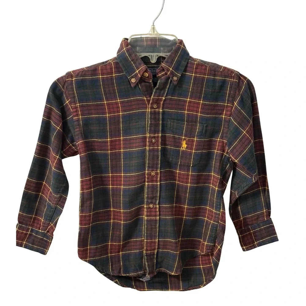 Ralph Lauren Boys SZ 6 Preppy Plaid Flannel Burgundy Blue Green Yellow Pony Logo